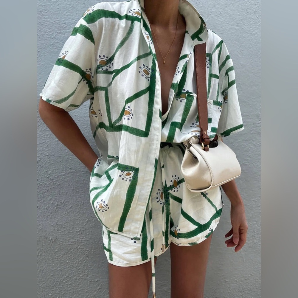 Green and White cotton linen blend Patterned Two-Piece Set